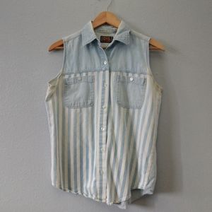 Vintage Sorrel Small Blue White Striped Sleeveless Button Collared Top Western